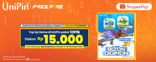Bizon Digimon is coming! Diskon Rp 15.000 Tiap Top Up game favoritmu pakai QRIS ShopeePay!